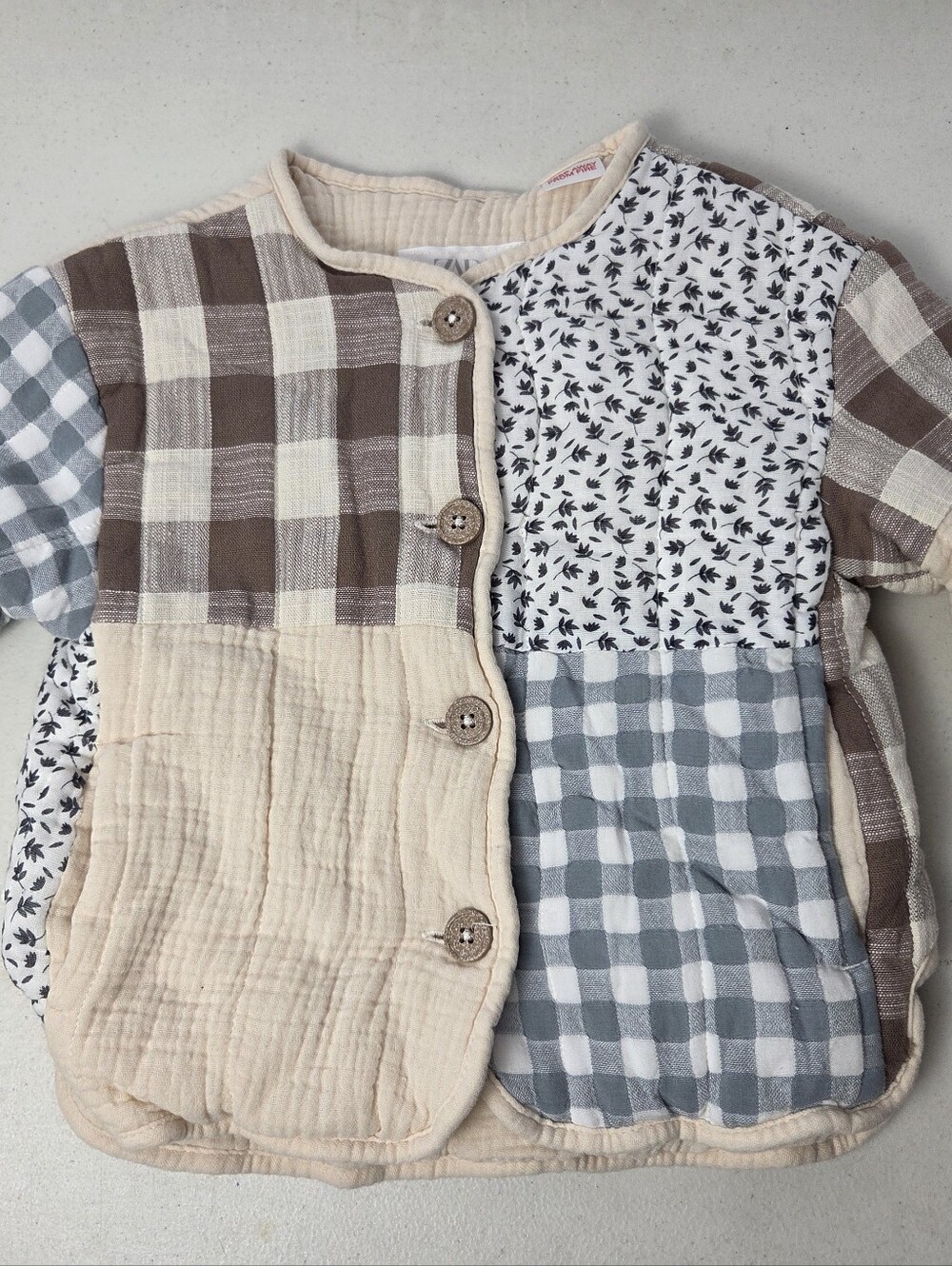 Zara Baby Patchwork Jacket Beige Brown Button Floral Plaid Gauze Size 12-18